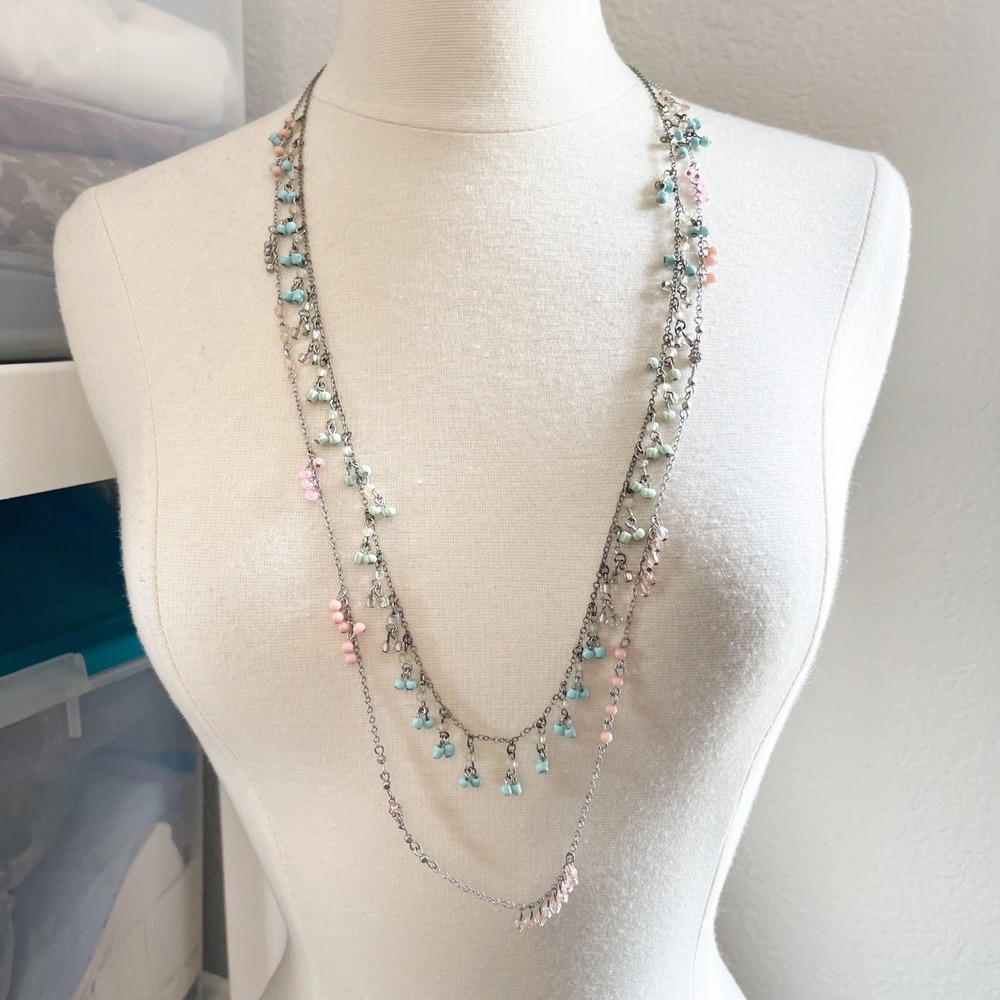 American Eagle AEO Silver Tone Pastel Beaded Layered Boho Necklaces‎